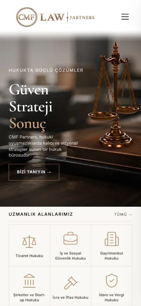 CMF Law Partners sitesinin telefondaki mobil görünümü