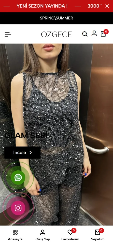 Özgece kadın giyim e-ticaret sitesinin telefondaki mobil görünümü